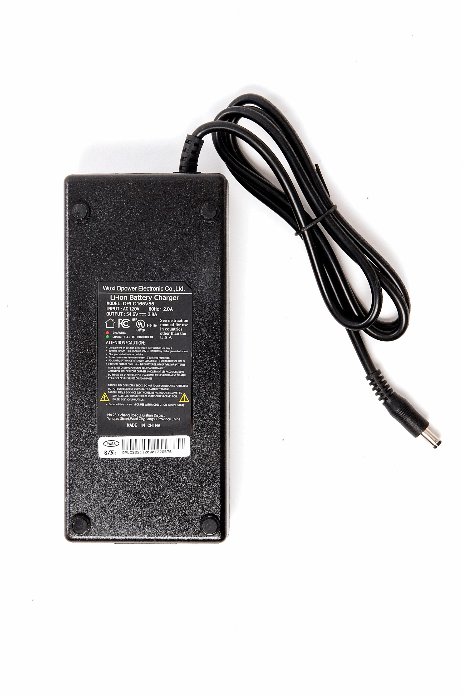 48v eBike battery charger with serial number and barcode laid out on white background